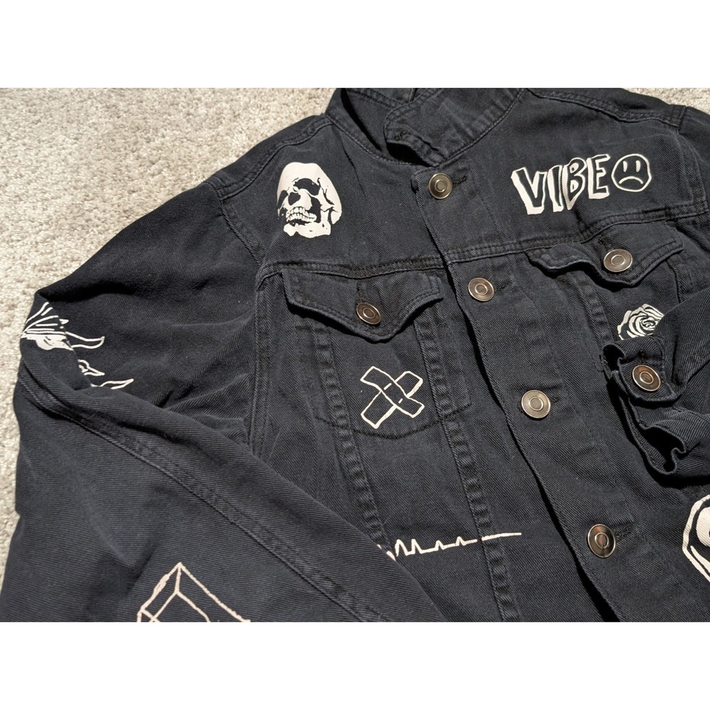 Carbon Tattoo Black Doodle Graphic Print Trucker Denim Jacket Size M Alien Hype‎ - Picture 4 of 8